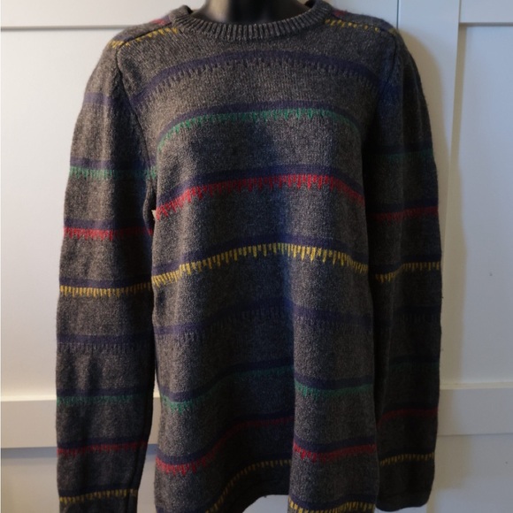 Red and Gray Crewneck Sweater with Striking Stripes HBC Hudson Bay stripes Vinta - Picture 2 of 3